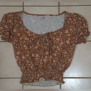 TWIK Floral Smocked Tie-Front Top – Rust Pink (XS/S)